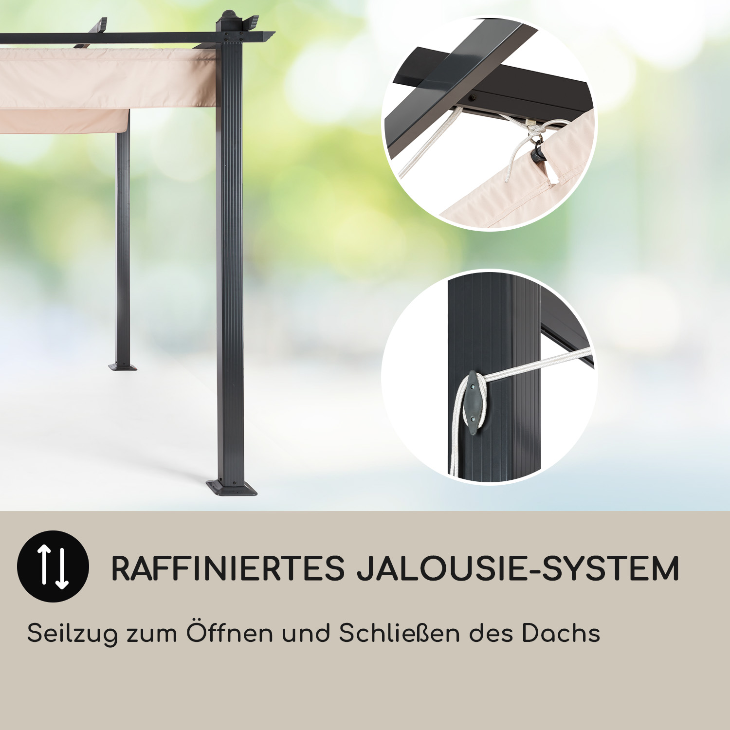 Una pergola nera con un baldacchino beige. Sono mostrati i dettagli del meccanismo di chiusura.