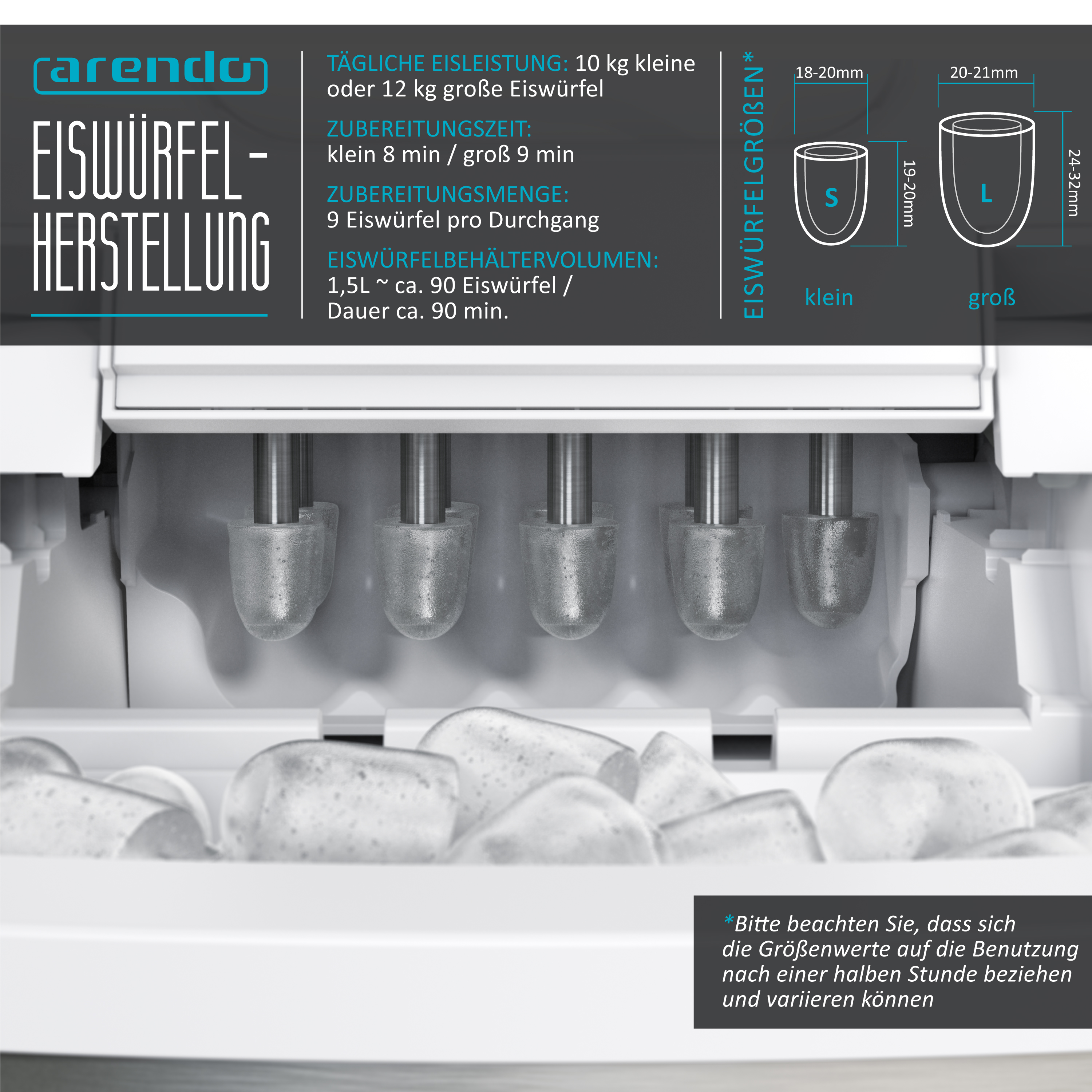 Ein Eisbereiter mit Größen- und Volumenangaben auf der Oberseite.