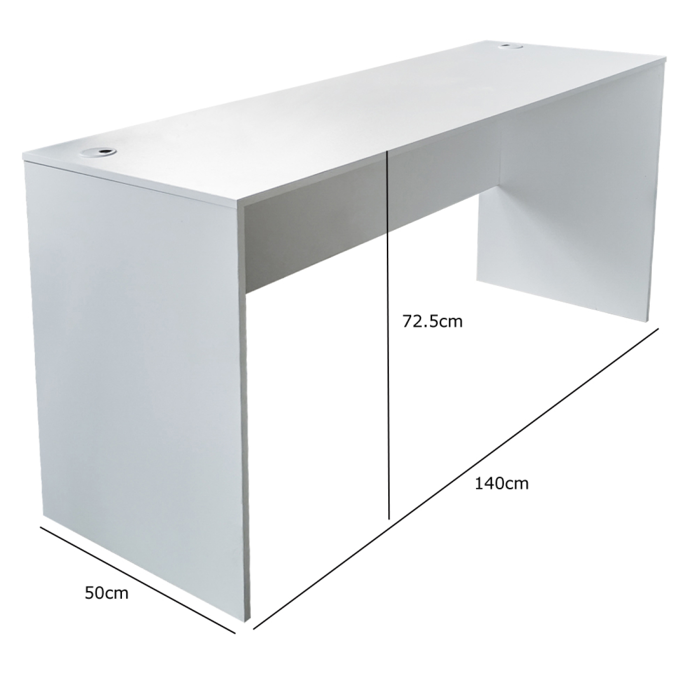 Weißer Schreibtisch mit Beschriftung der Maße: 140 cm lang, 72,5 cm hoch, 50 cm tief.