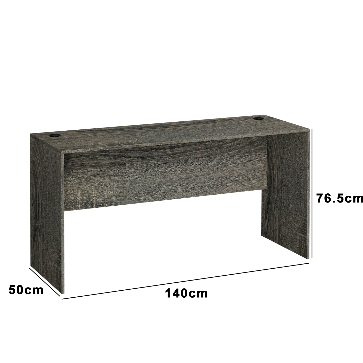 Grauer Holzschreibtisch mit Maßen. Er ist 140 cm lang, 50 cm breit und 76,5 cm hoch.