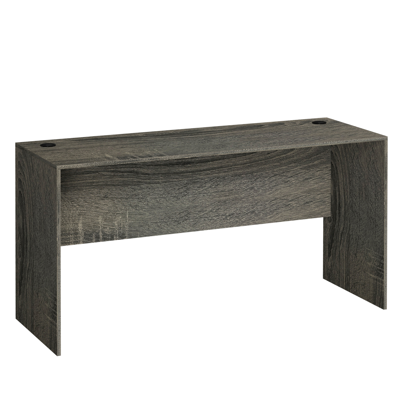 Ein grauer Holzschreibtisch mit zwei Löchern oben.