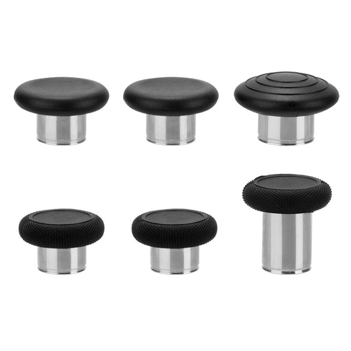 Zes zwarte joystick-duimgrepen voor een gamecontroller, verschillende stijlen, zilveren basis.