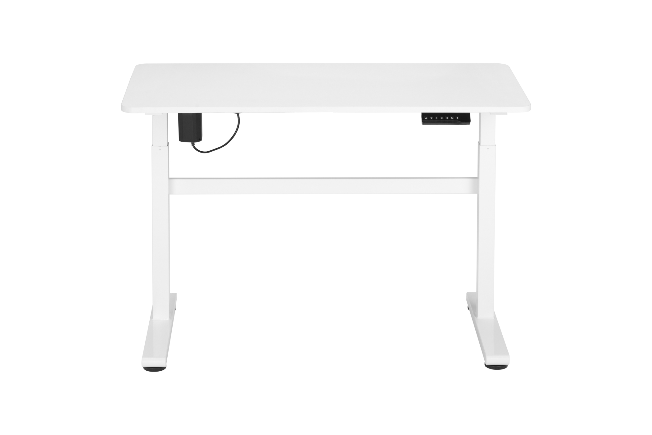 Witte verstelbare staande bureau met een bedieningspaneel en een zwarte kabel die naar beneden hangt.