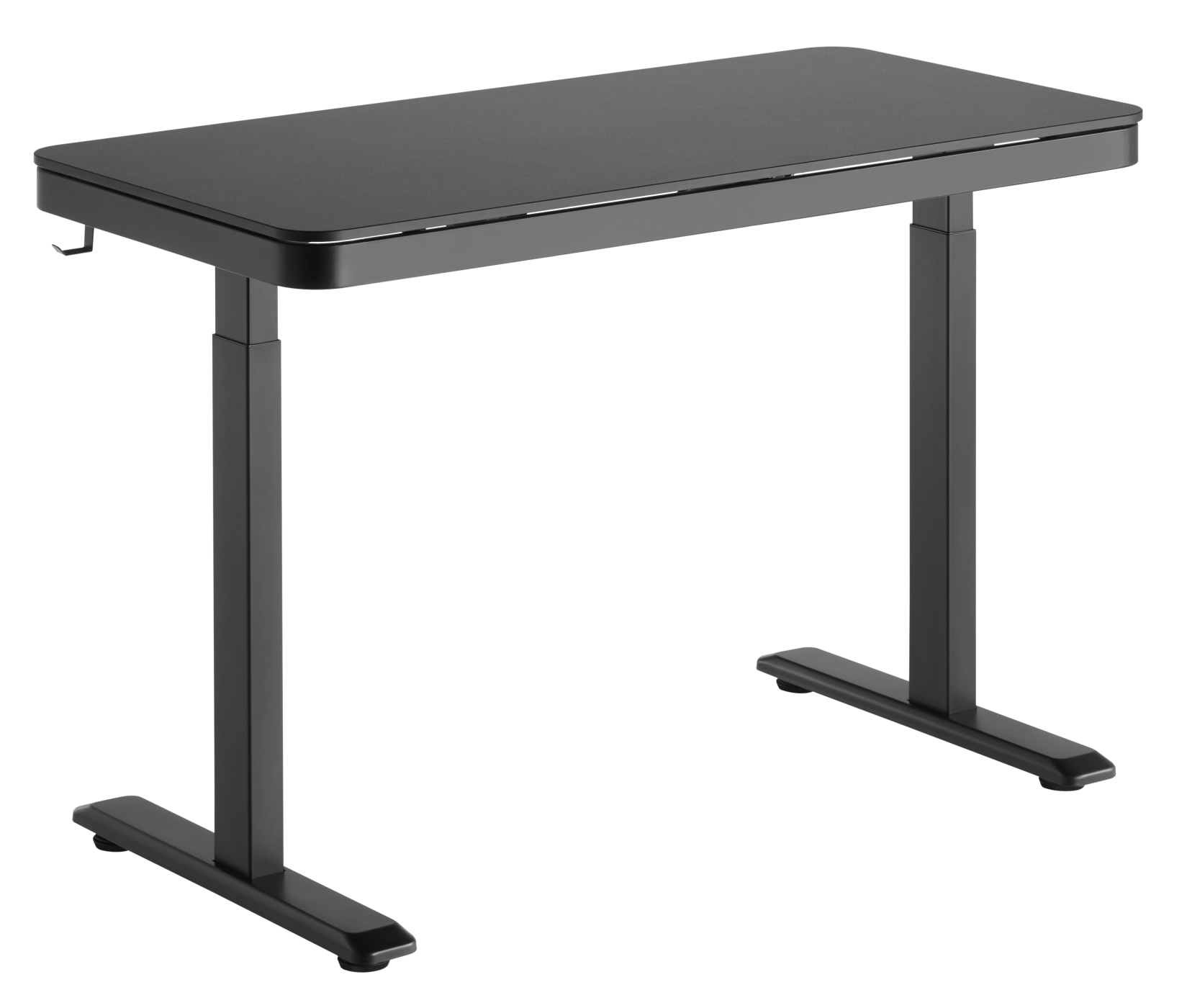 Schwarzer höhenverstellbarer Schreibtisch mit rechteckiger Platte und zwei schwarzen Beinen.