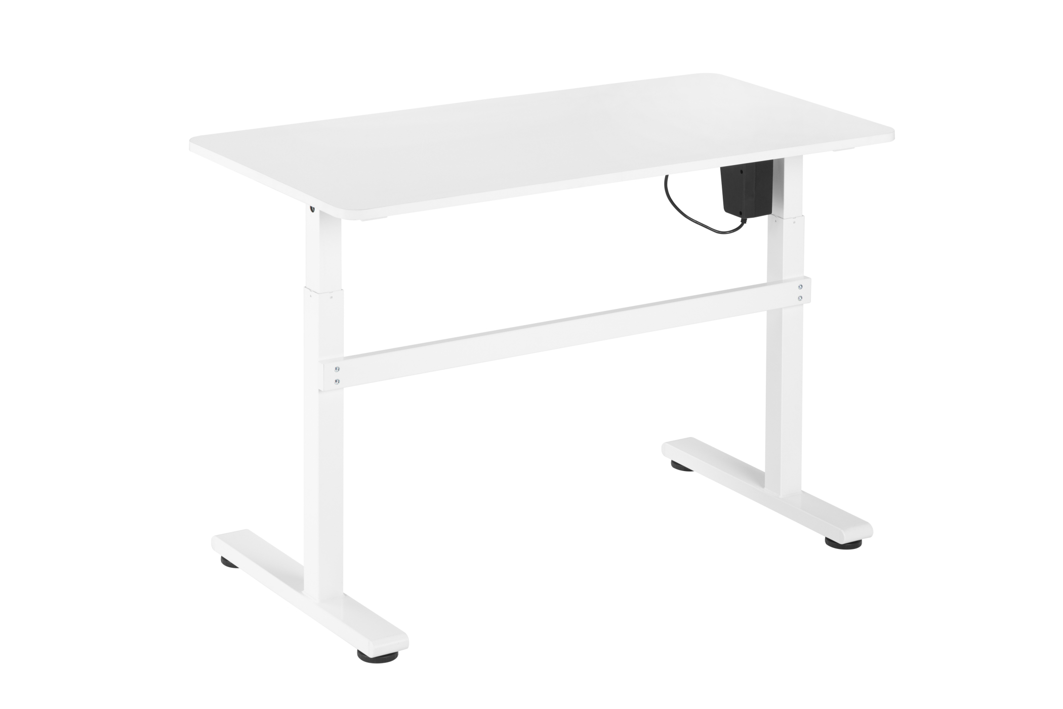 Witte statafel. Het bureau heeft een wit oppervlak en een zwart netsnoer.