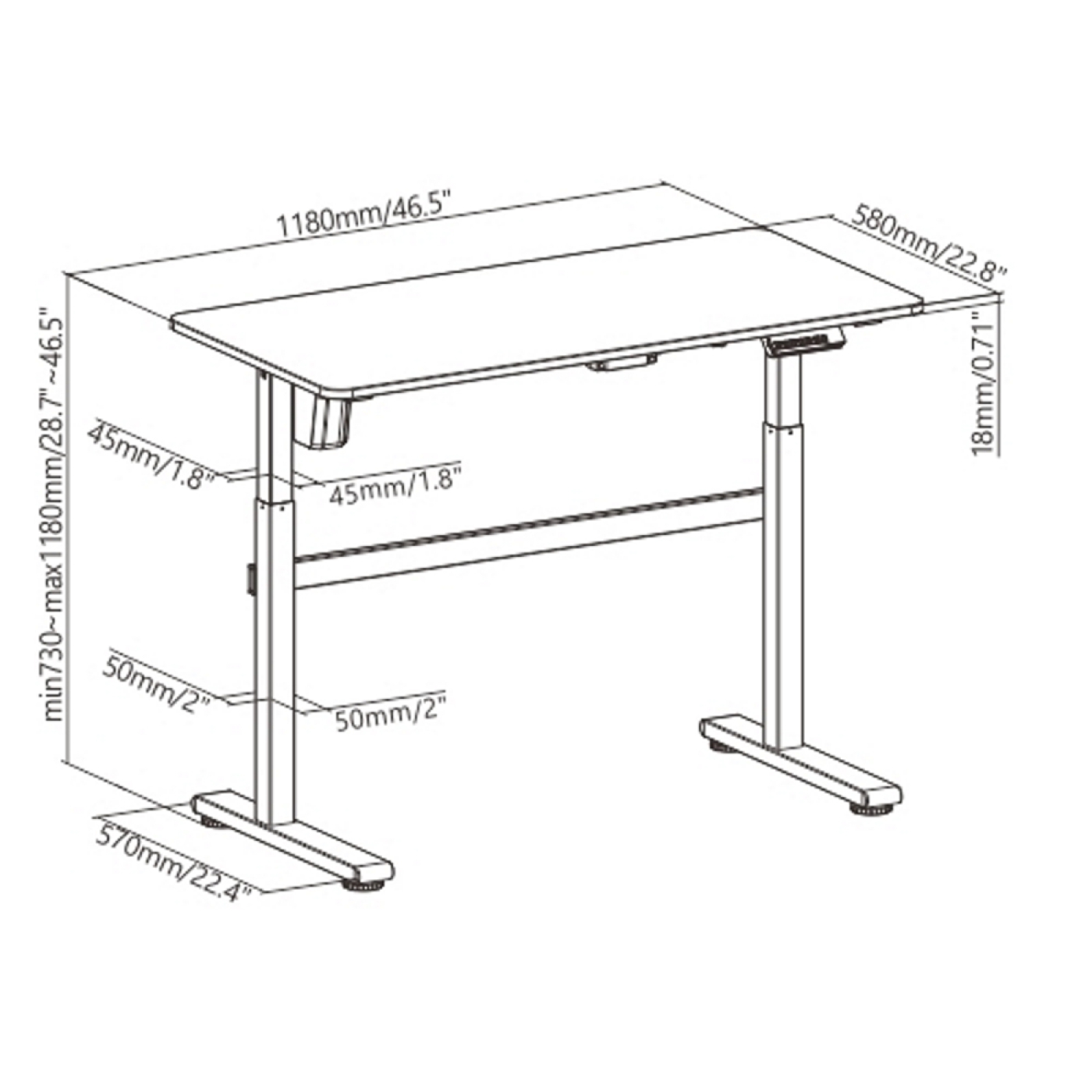 Verstelbaar zit-sta bureau met afmetingen. Het bureau is 1180 mm lang en 580 mm breed. De hoogte is min 730 mm en max 1180 mm.