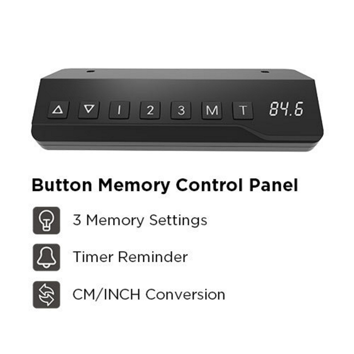 Zwart bedieningspaneel met knoppen en een display. Tekst: 'Button Memory Panel'.