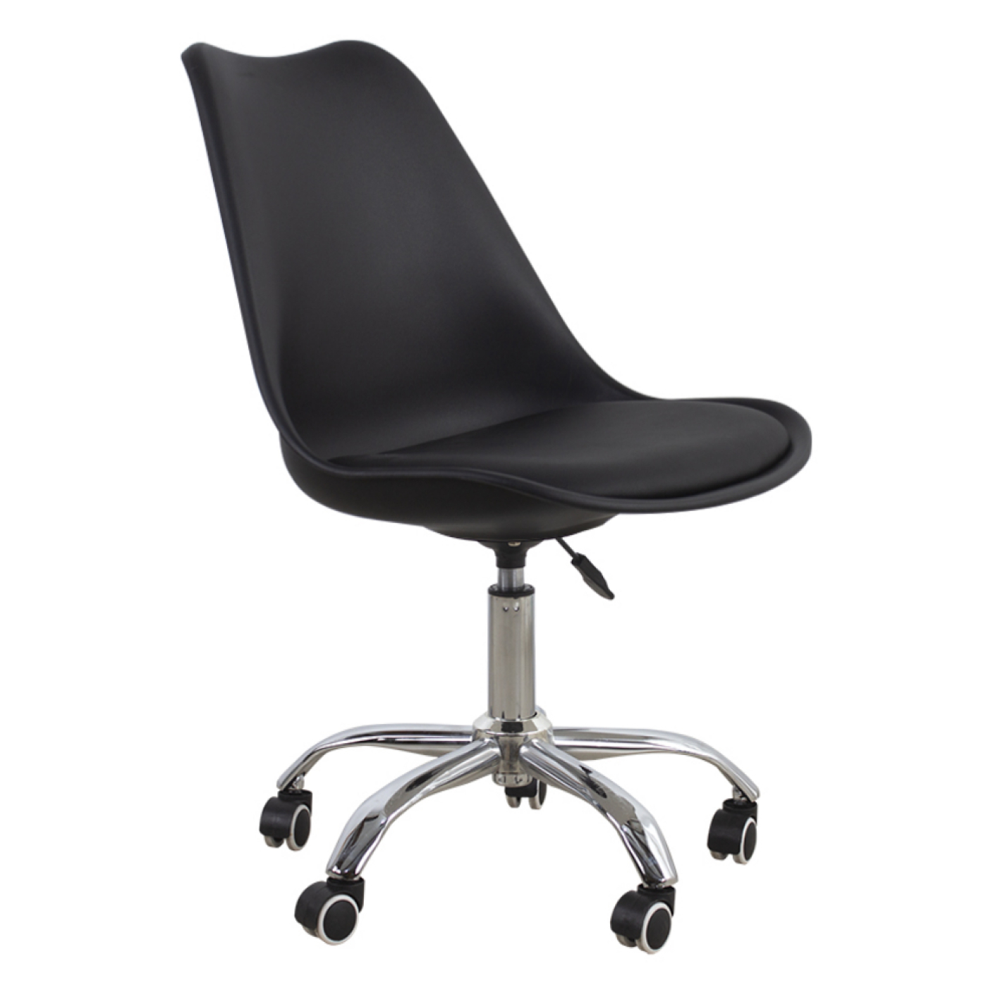 A black office chair with a black seat, backrest, and a chrome-colored base with wheels.
