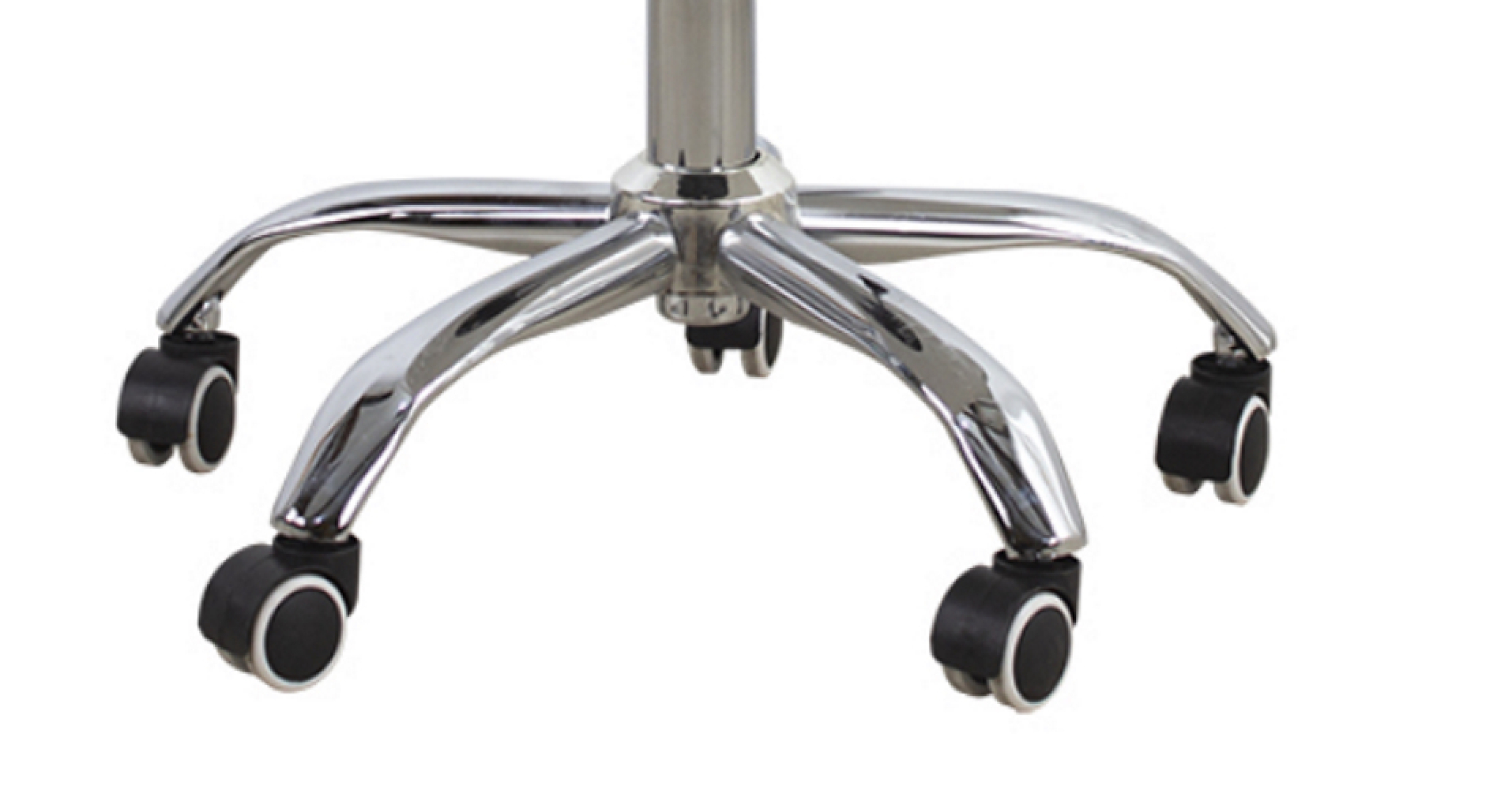 Chrome chair base with five wheels, showing the wheels and part of the legs.