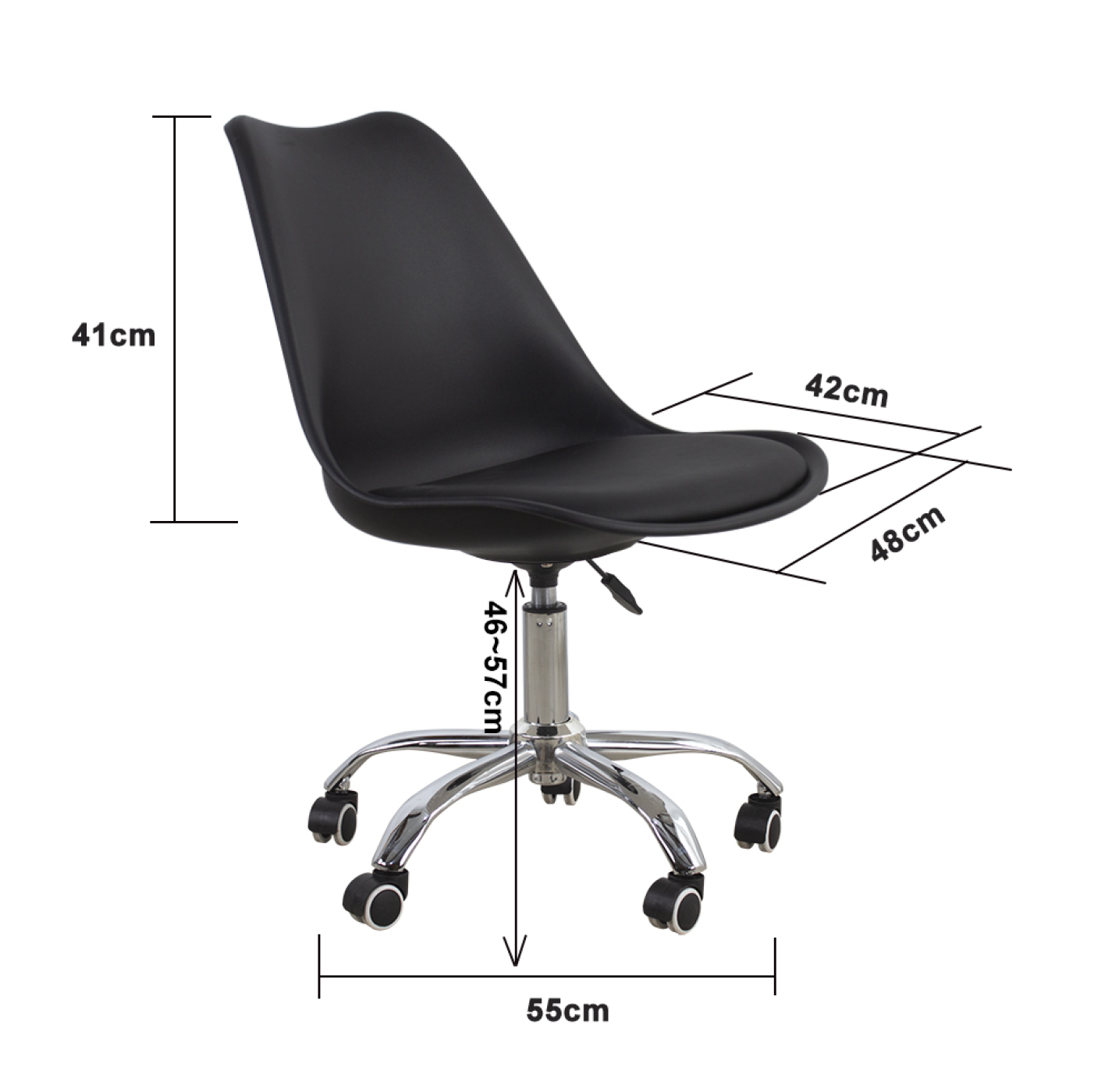 Black office chair with dimensions, on wheels, against a white background.