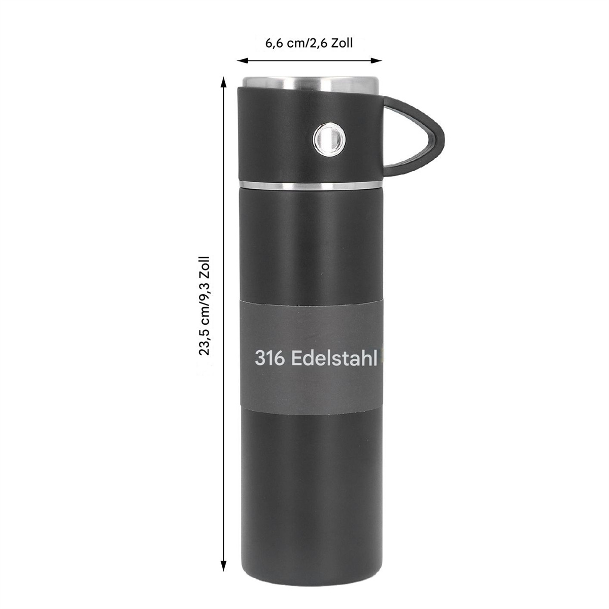 Eine schwarze Thermosflasche mit silbernem Deckel und grauem Griff, Abmessungen sind angegeben.