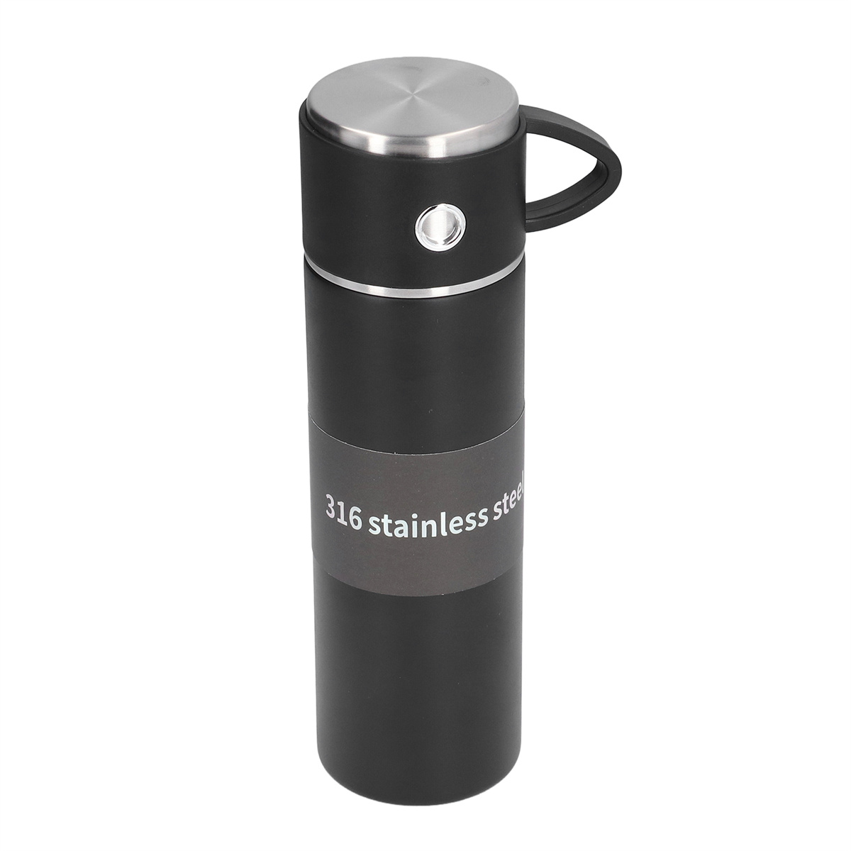 Schwarze Edelstahl-Vakuumflasche mit Griff und silbernem Deckel.