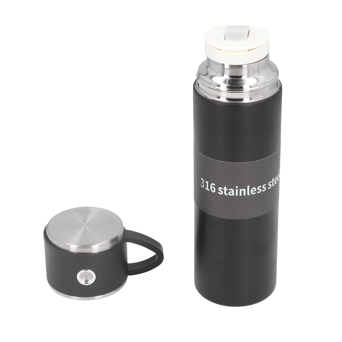 Schwarze und silberne Thermosflasche mit schwarzem Deckel an der Seite.