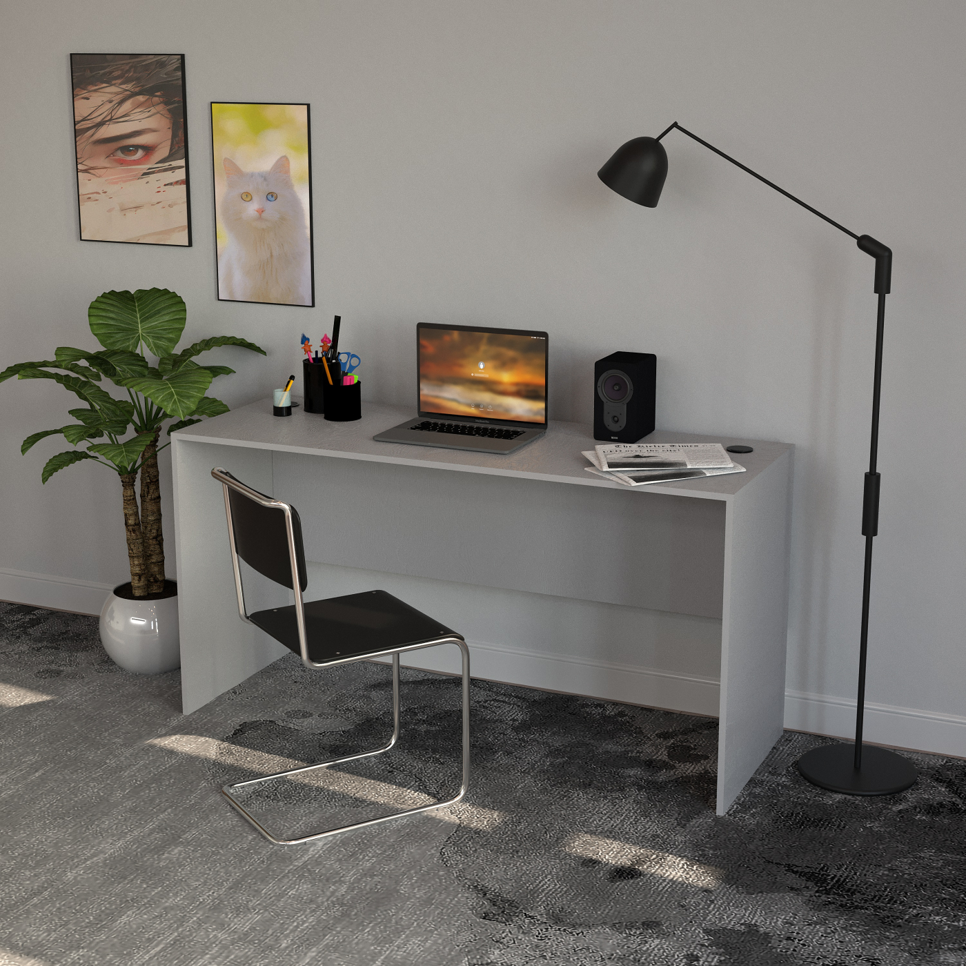Ein Schreibtisch mit Laptop, Lampe, Stuhl und Kunstwerk.