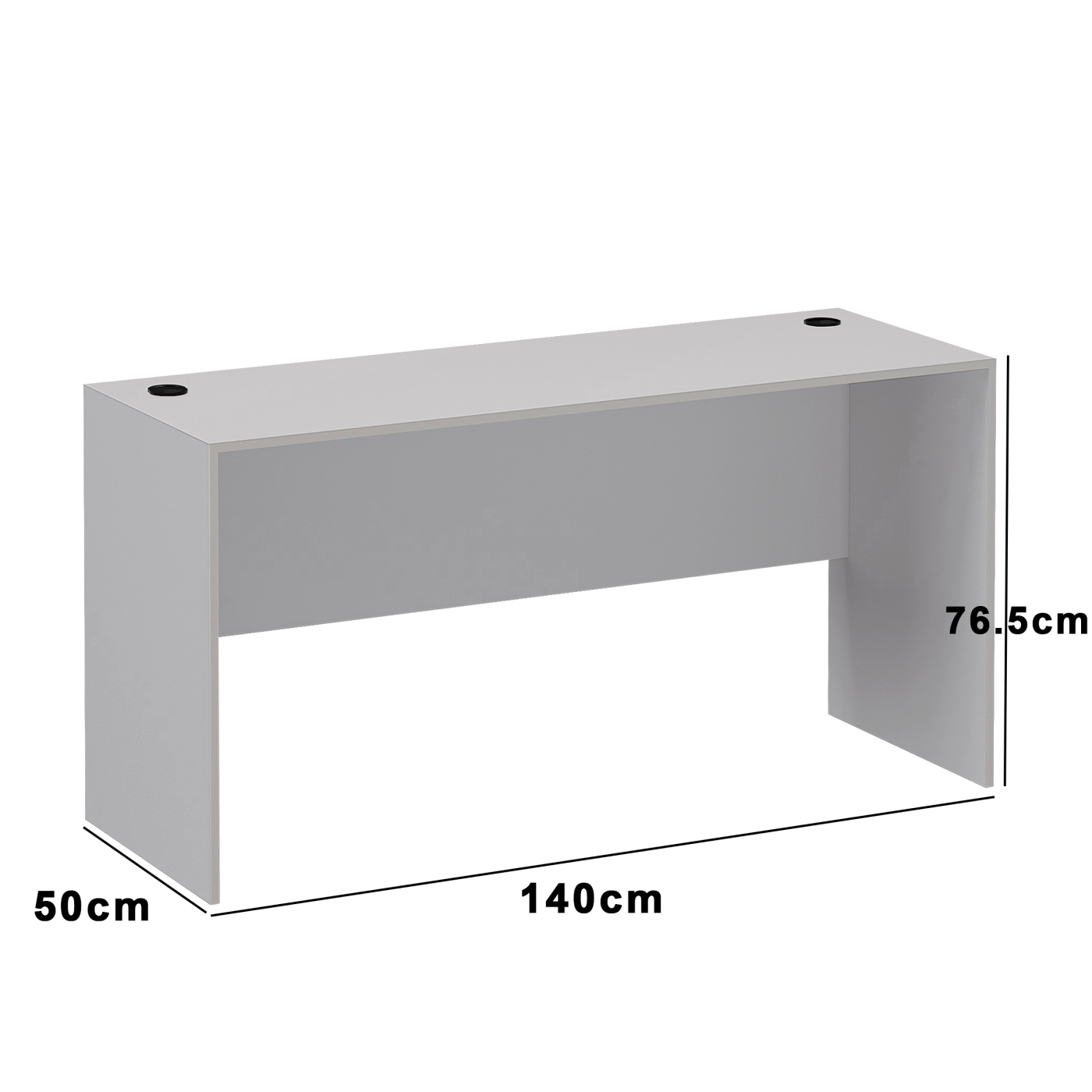 Ein grauer Bürotisch mit den Maßen 140 cm lang, 50 cm breit und 76,5 cm hoch.