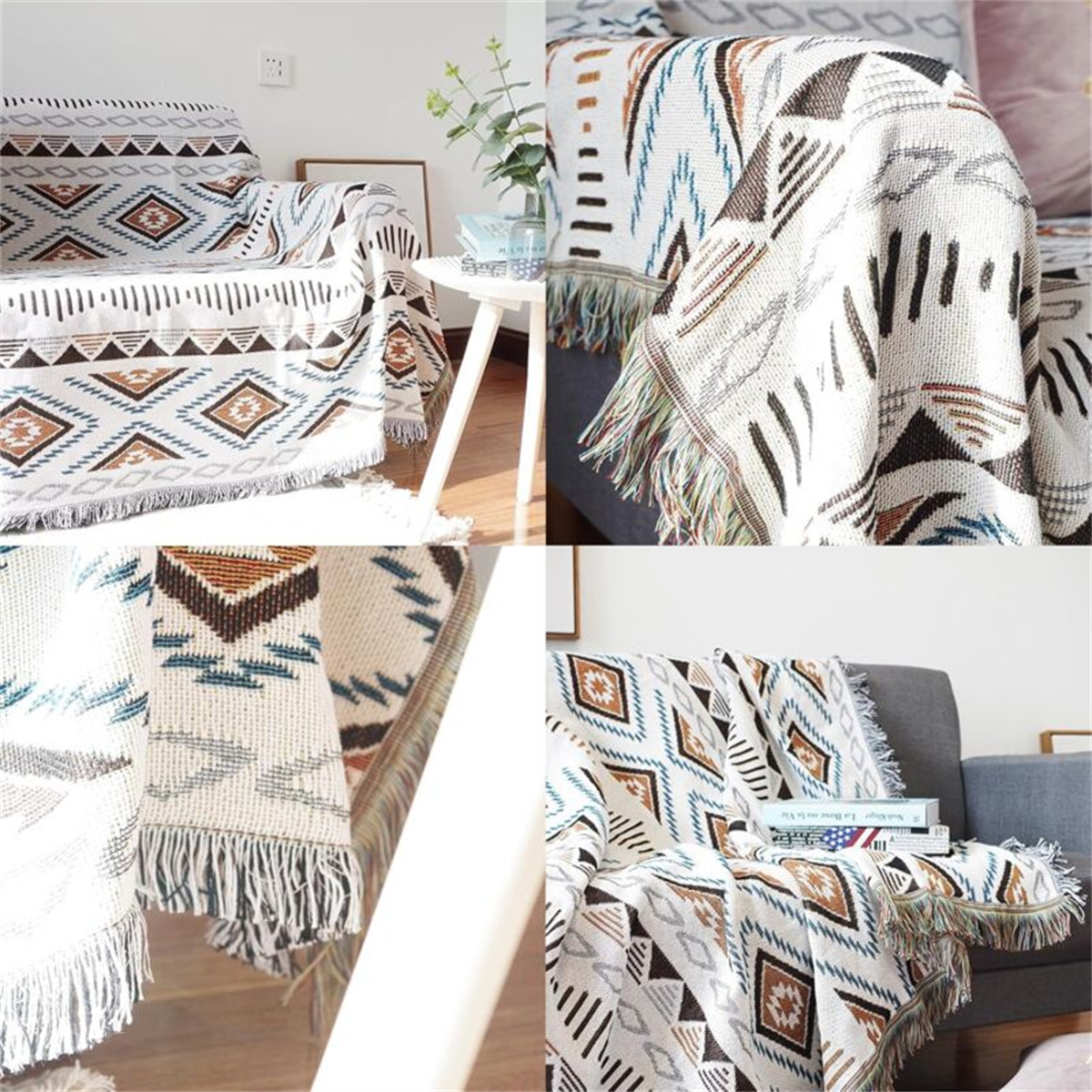 Vier Bilder von gemusterten Decken auf Möbeln. Geometrische Designs in verschiedenen Umgebungen, mit Fransen.