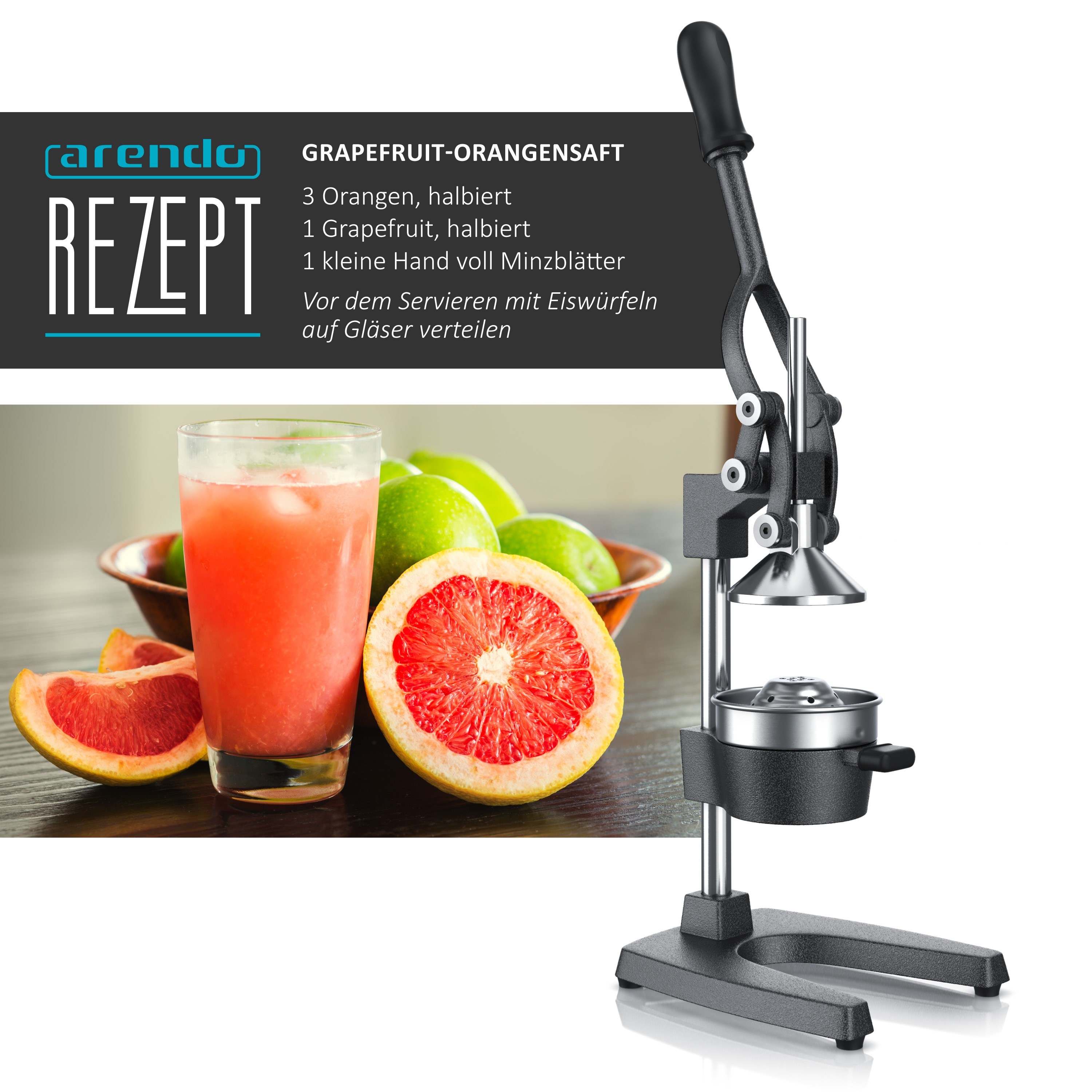 Saftrezept mit Entsafter, Glas Saft und Grapefruits. Weißer Hintergrund.