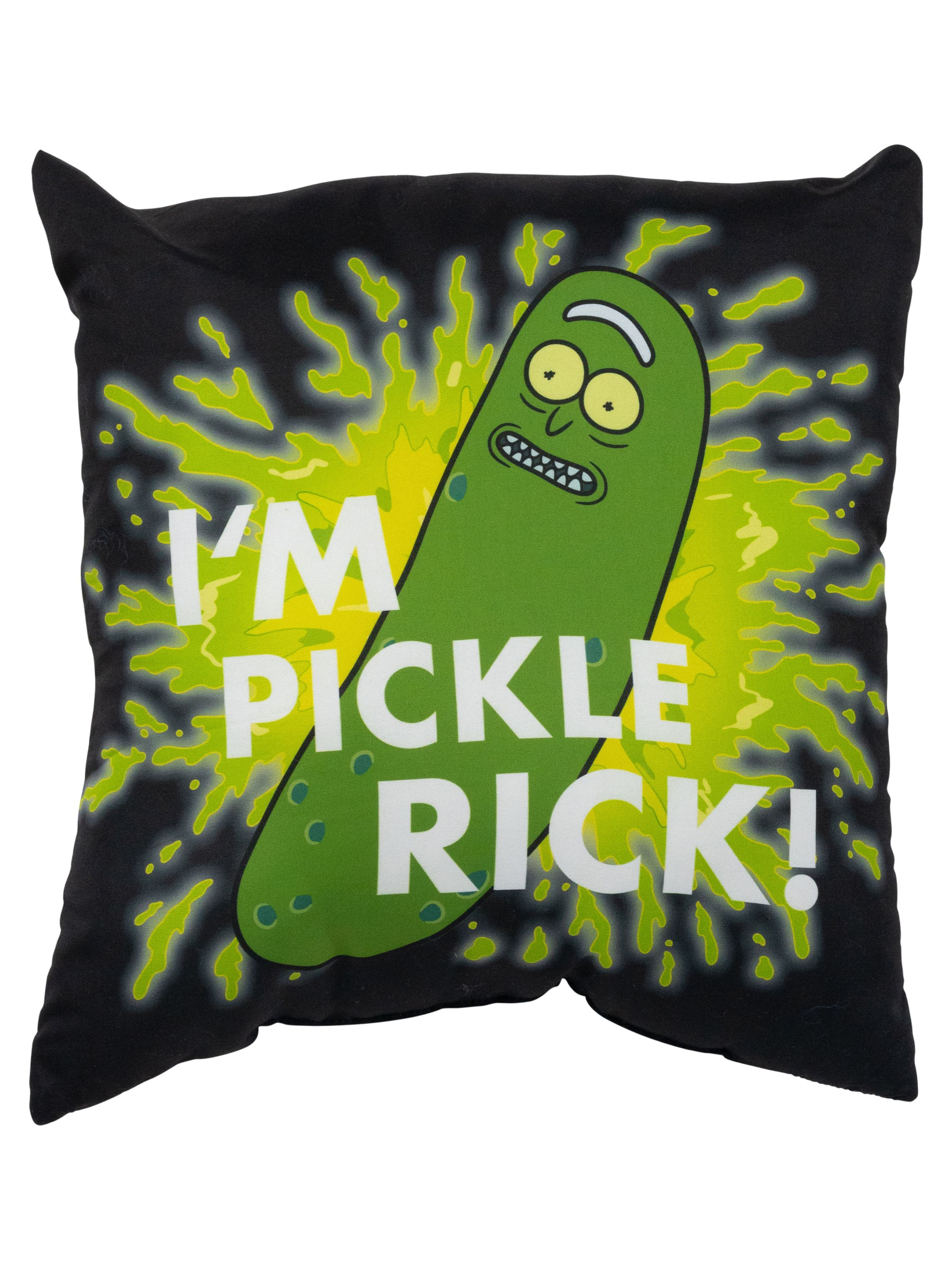 Schwarzes Kissen mit einer grünen Pickle Rick, einer Figur aus Rick and Morty, darauf.