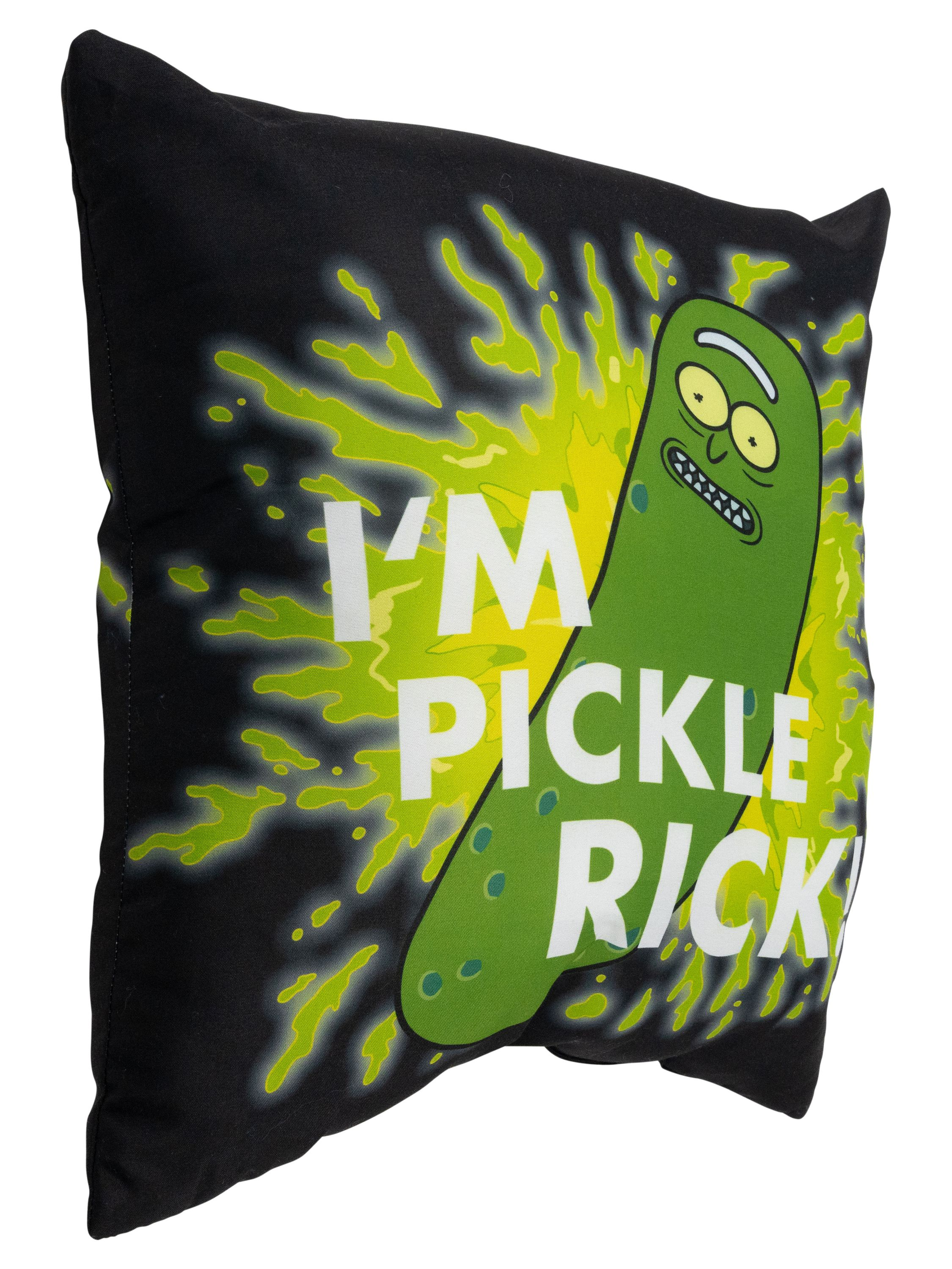 Ein schwarzes Kissen mit einem grünen Pickle-Rick-Design mit den Worten 'I'm Pickle Rick'.