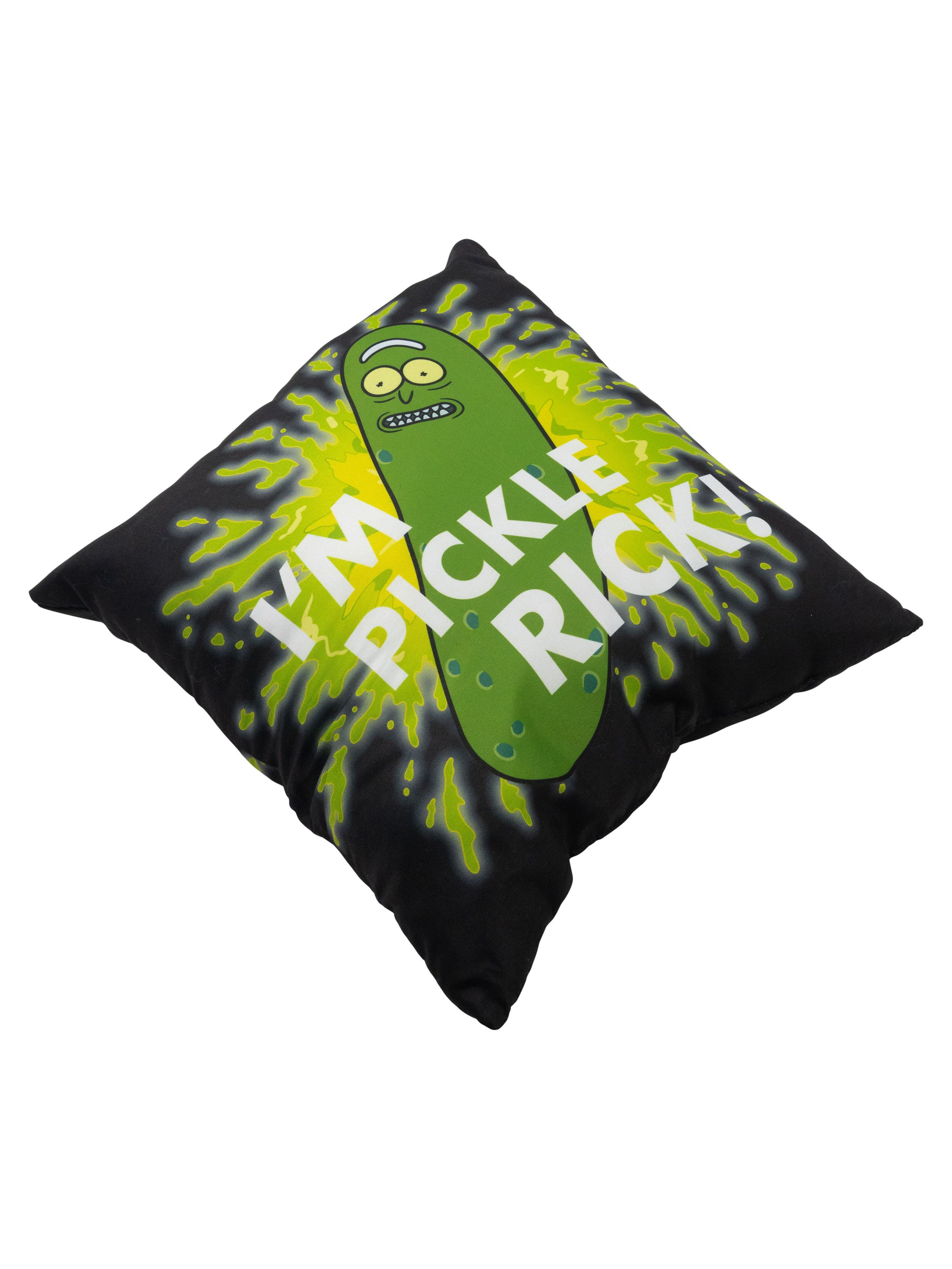 Schwarzes Kissen mit einem grünen Gurken-Cartoon und dem Text "I'M PICKLE RICK!".