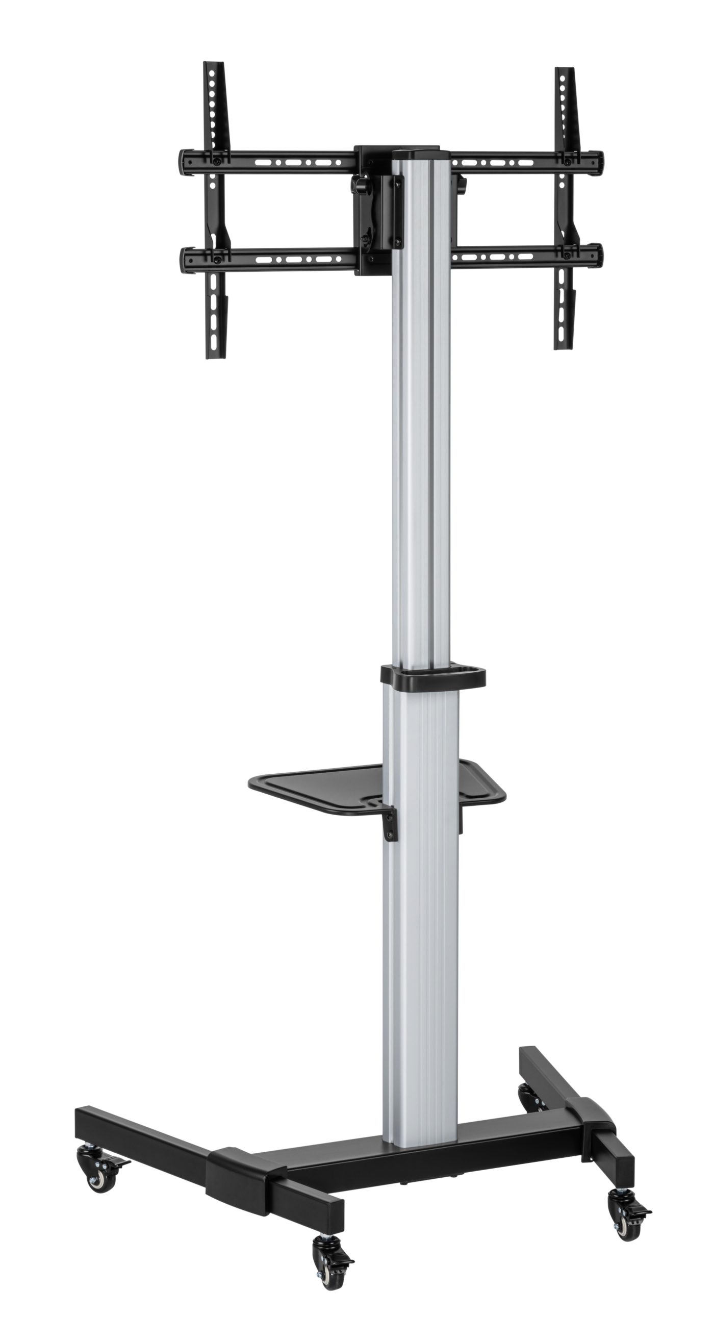 TV stand with wheels, holding a TV mount.