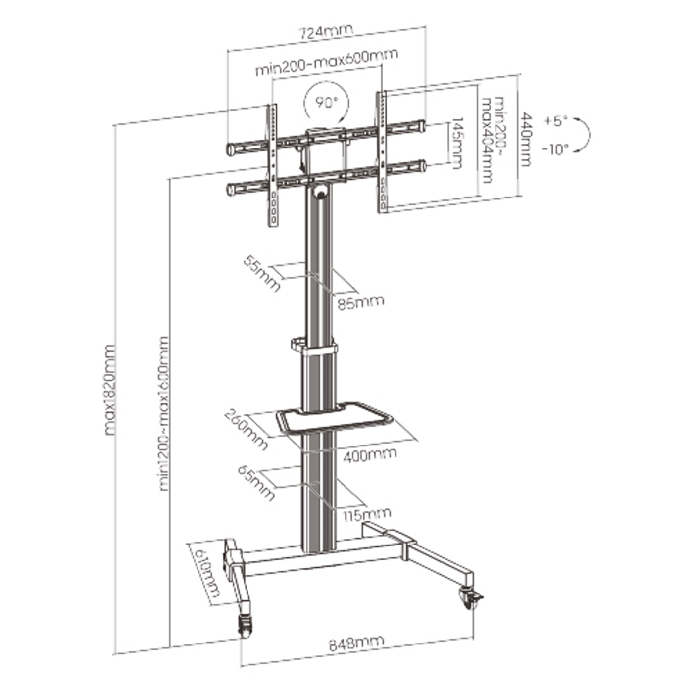 A stand for a TV with measurements. It has a base with wheels, a pole, and a shelf.