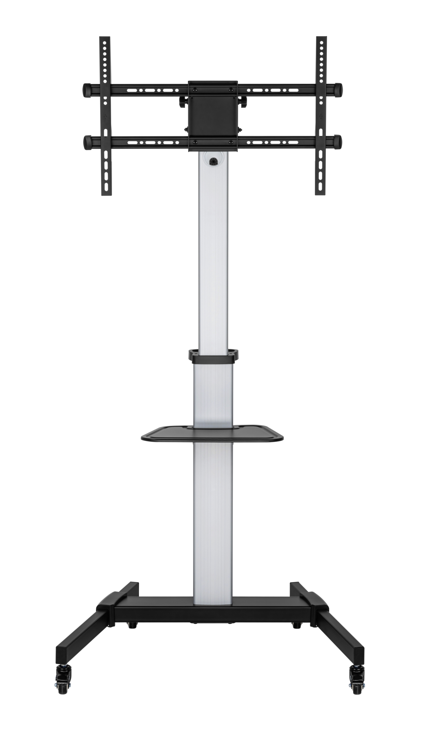 Black and silver TV stand with wheels. It has a shelf and brackets for mounting a TV.