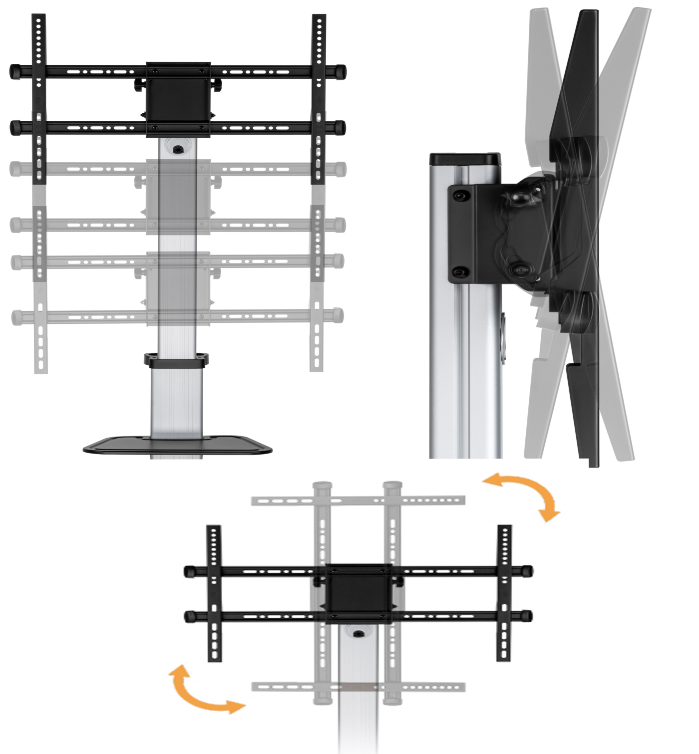 A black and silver TV stand with multiple adjustment positions.