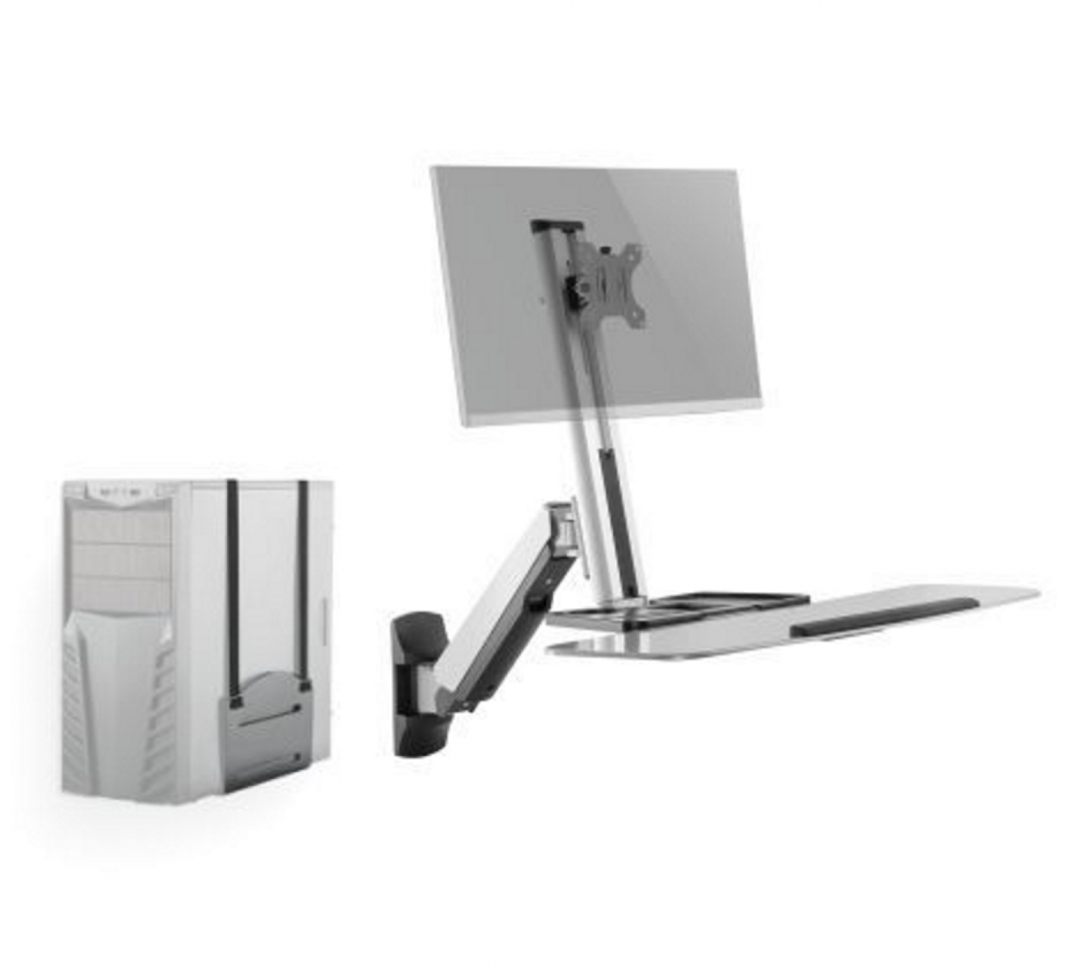 Ein Schreibtisch-Setup mit einem Computerturm, einem Monitorarm und einer Tastaturablage. Der Hintergrund ist weiß.