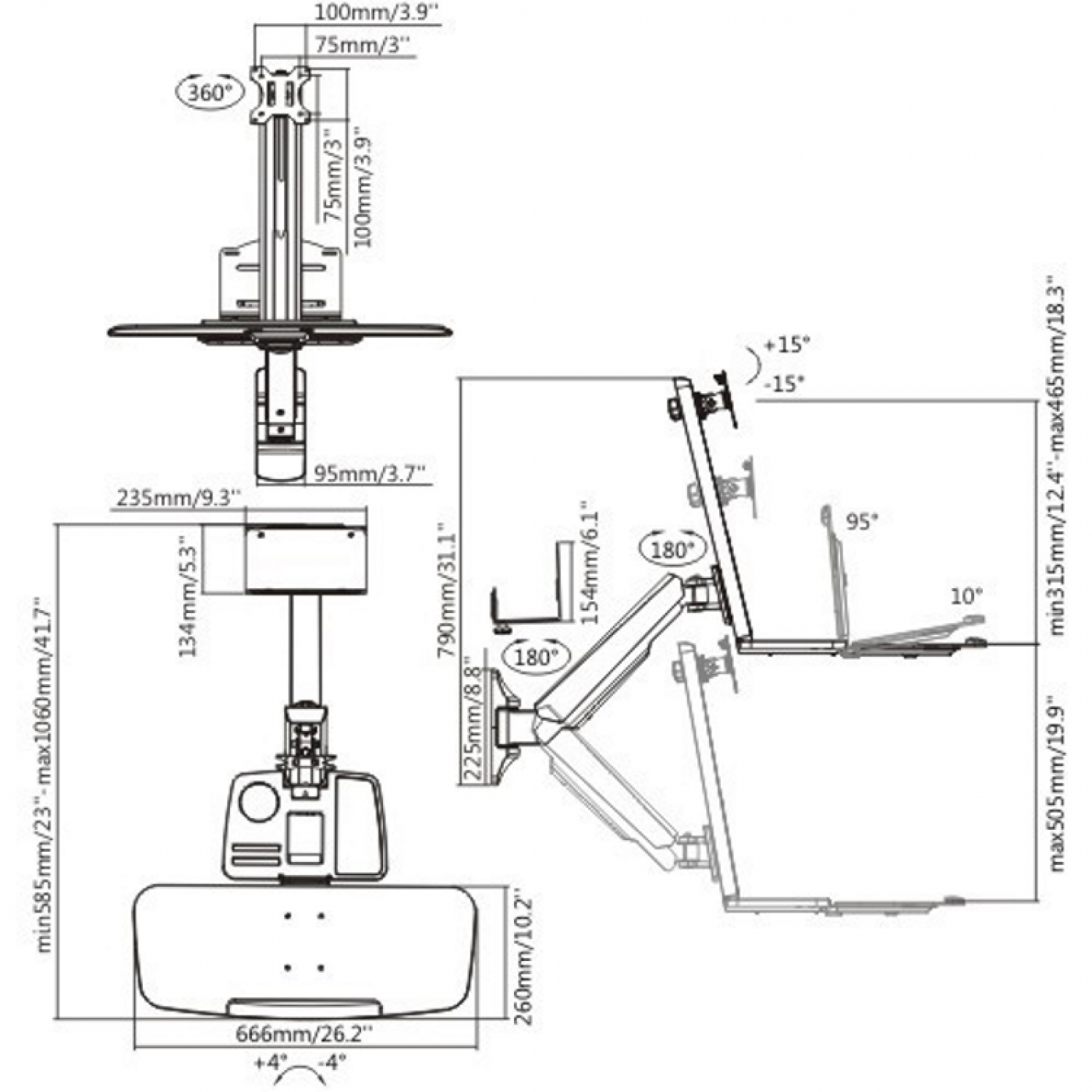 Diagramm eines Monitorständers mit Maßen und Winkeln, in schwarzen Linien.