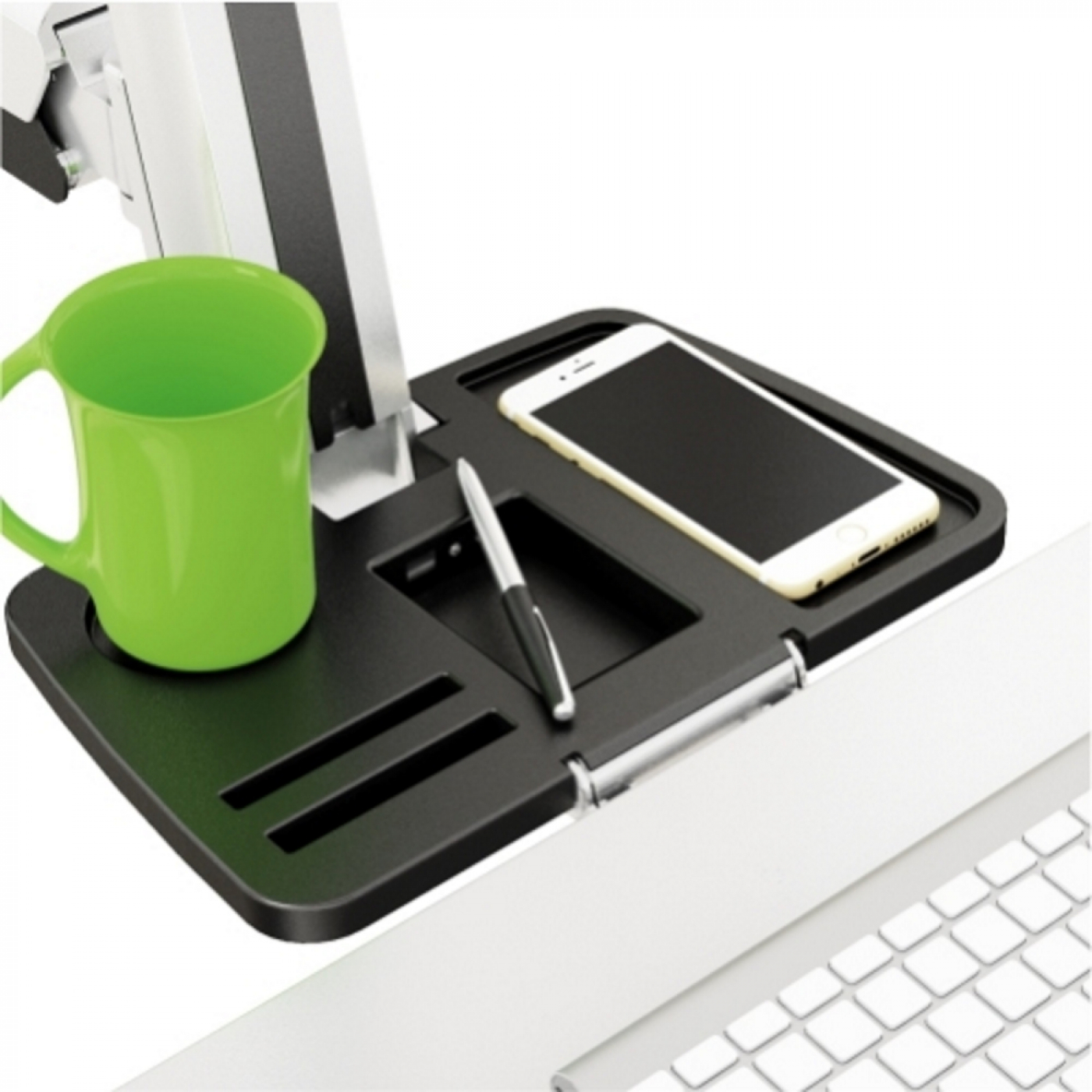 Schreibtischaufsatz mit Becher, Stift, Telefon. Schwarz, an Monitorhalterung. Weißer Hintergrund.