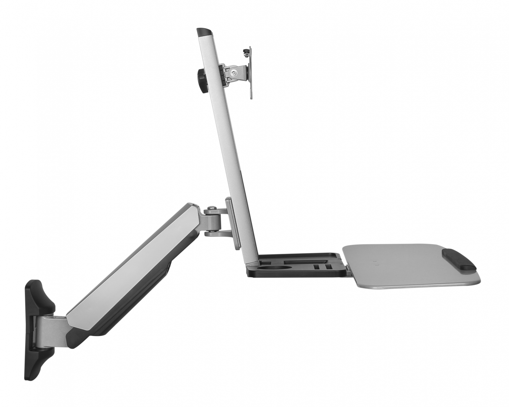 Eine Monitorhalterung mit Monitor, Tastaturablage und Wandhalterung, auf weißem Hintergrund.