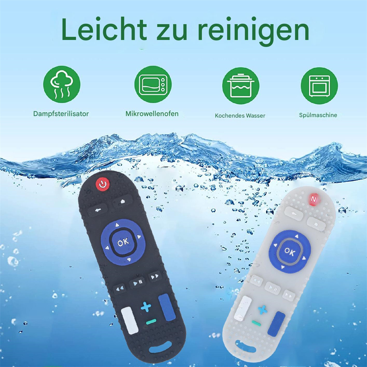 Zwei Fernbedienungen: eine schwarze, eine weiße. Symbole für verschiedene Reinigungsmethoden sind ebenfalls abgebildet.