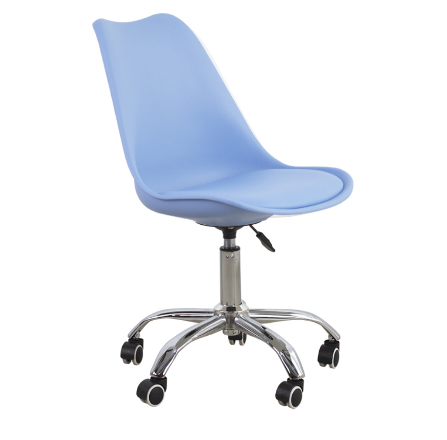 A light blue office chair with a silver base and wheels.