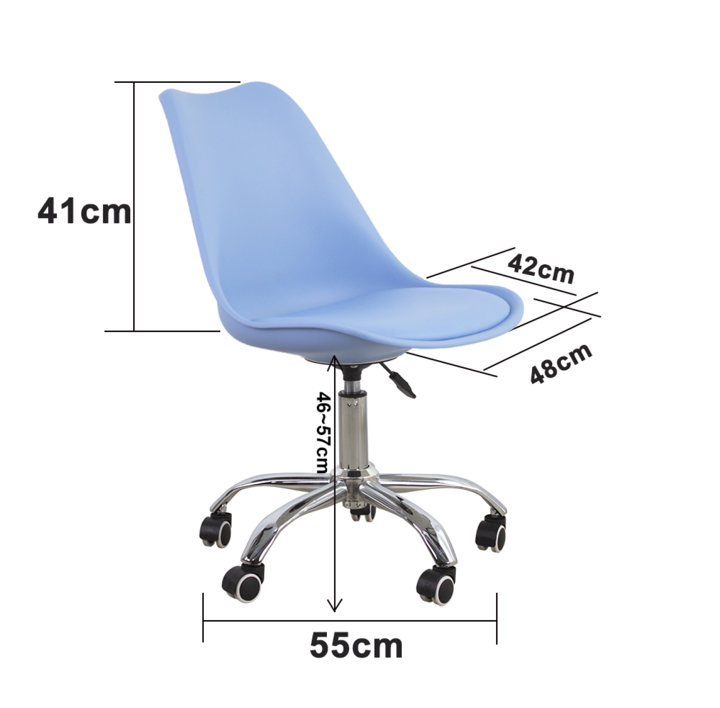 Light blue office chair with a chrome base. Dimensions are displayed.