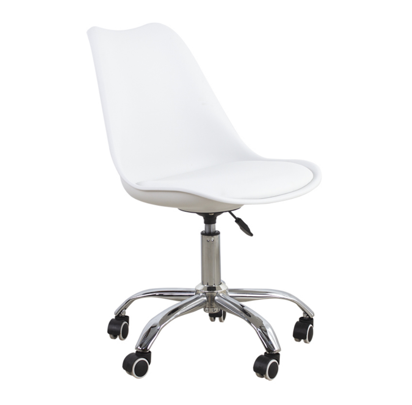 White office chair with a chrome base and black wheels. Chair has a curved back and a padded seat.