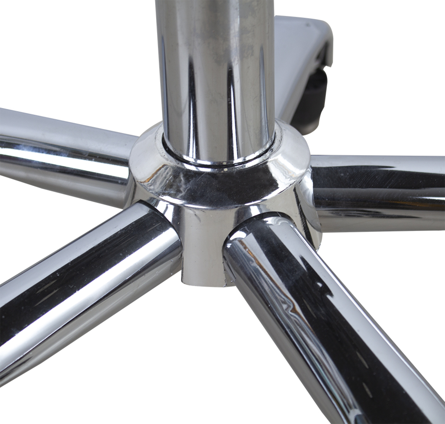 Close-up of a chrome chair base, showing the central hub and radiating legs.