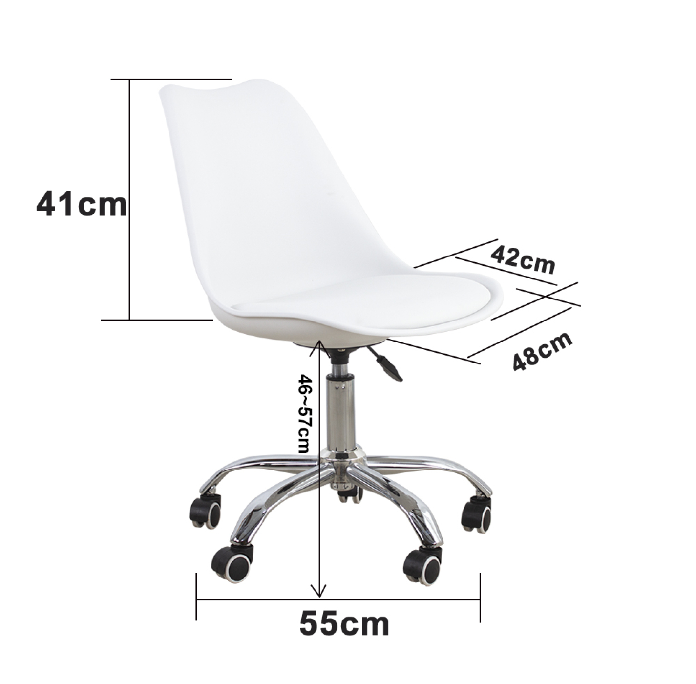 A white chair with measurements labeled; 41cm height, 42cm width, 48cm depth, and 55cm base.