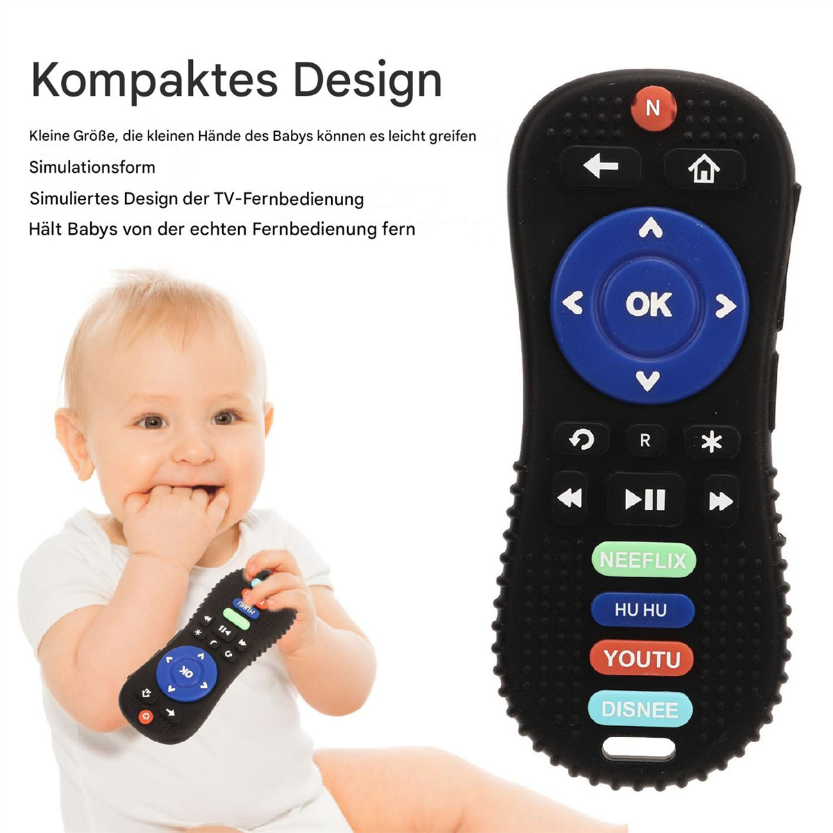 Ein Baby spielt mit einer Spielzeug-Fernbedienung. Die Fernbedienung ist schwarz und hat blaue Knöpfe.