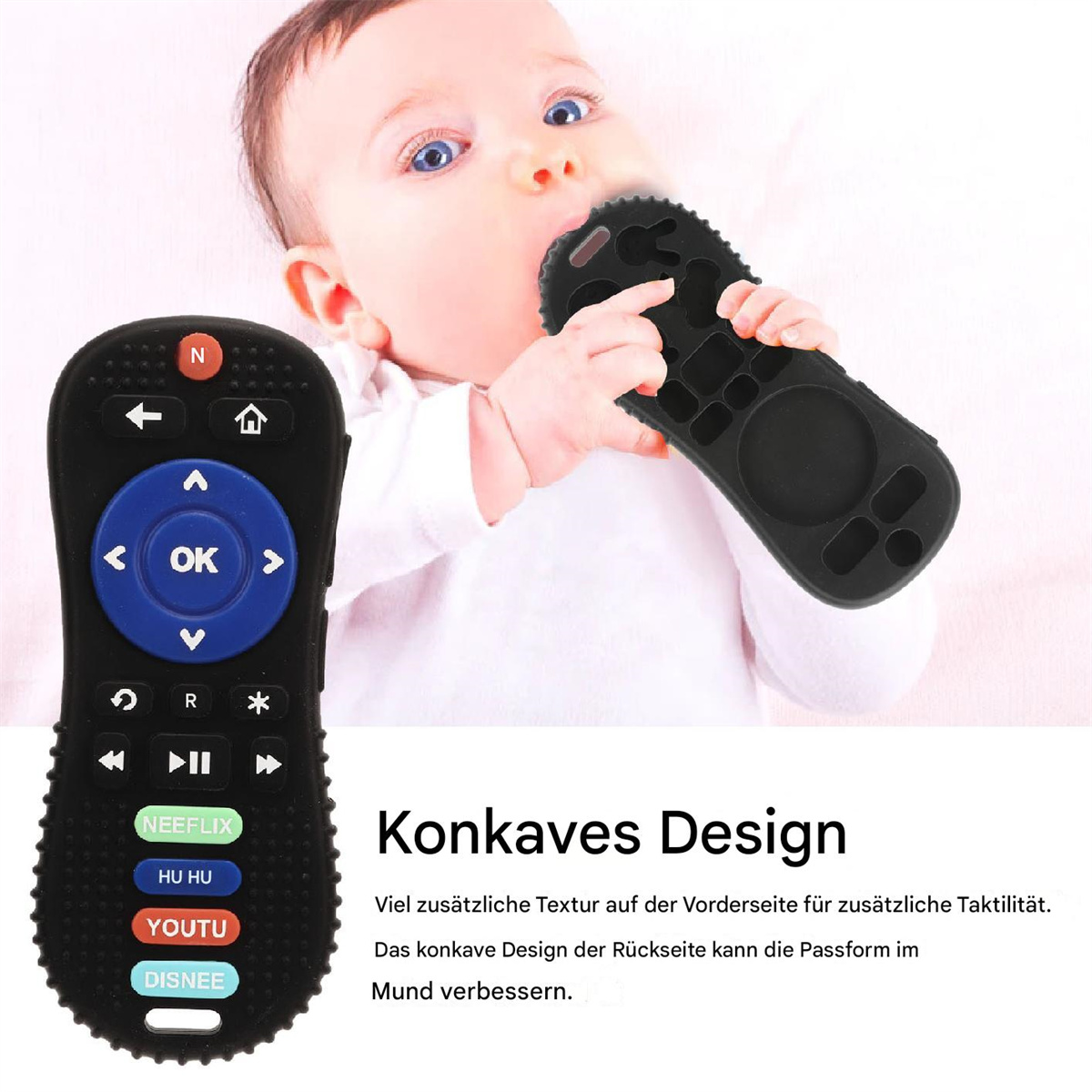 Baby mit Fernbedienung im Mund. Die Fernbedienung ist in einer Schutzhülle.