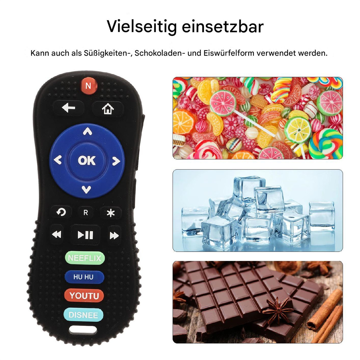 Schwarze Fernbedienung mit Süßigkeiten, Eiswürfeln und Schokolade, vielseitig verwendbar.