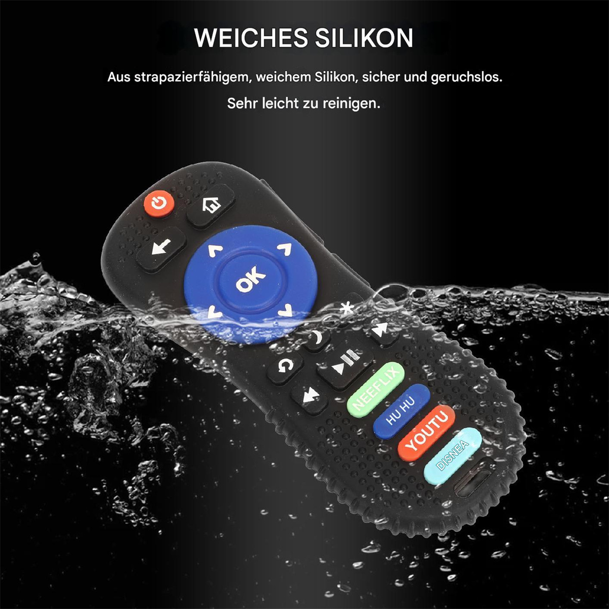 Schwarze Fernbedienung im Wasser. Sie hat blaue, rote und grüne Knöpfe. Text auf der Fernbedienung ist sichtbar.