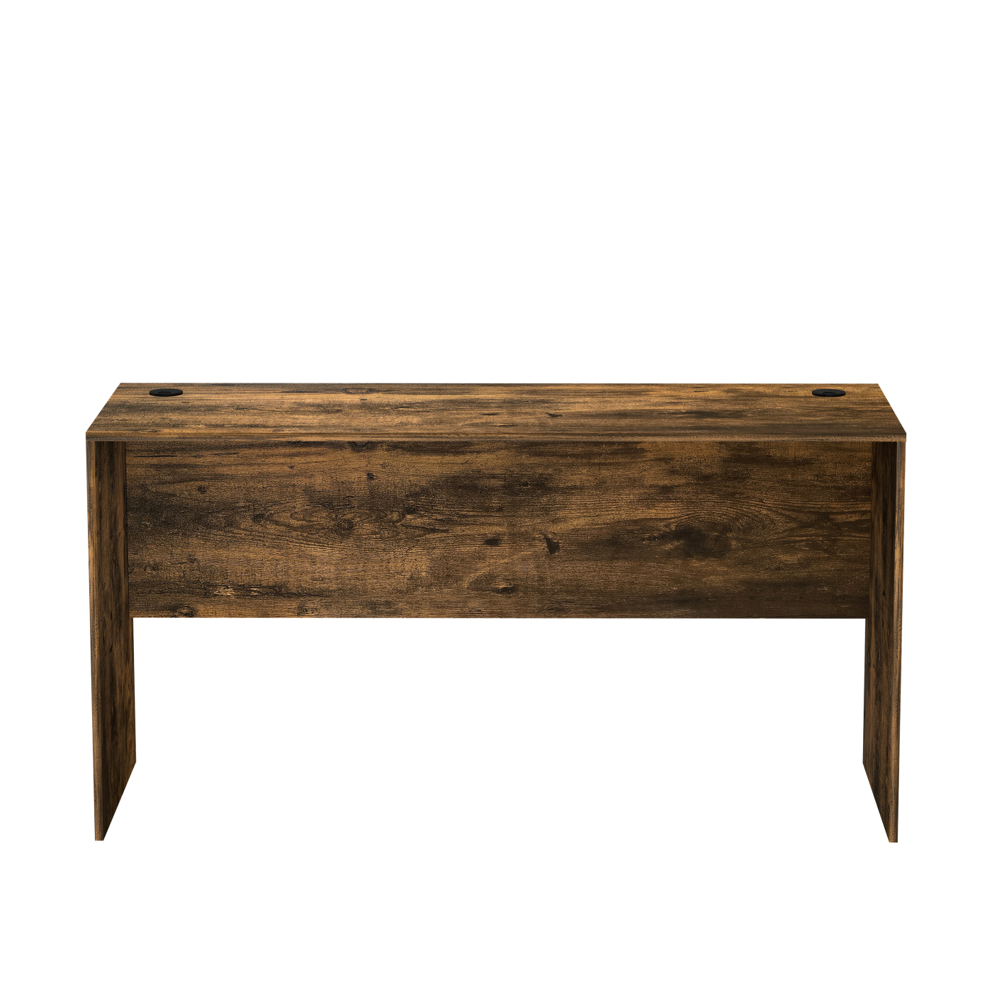Ein Holzschreibtisch mit zwei Löchern auf der Oberfläche. Der Schreibtisch ist braun und hat ein schlichtes Design.