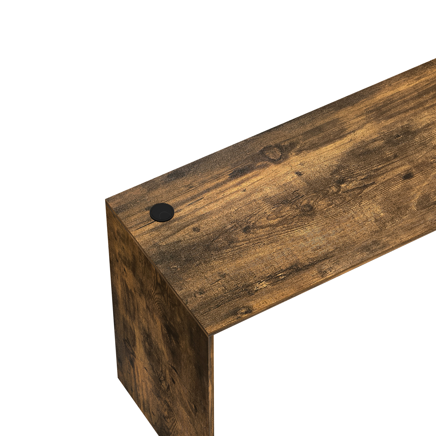 Holzschreibtisch-Eckdetail mit einem schwarzen Loch für Kabel.