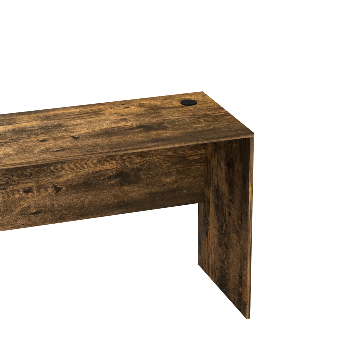 Ecke eines Holzschreibtisches, braune Farbe, mit einem dunklen kreisförmigen Loch oben.
