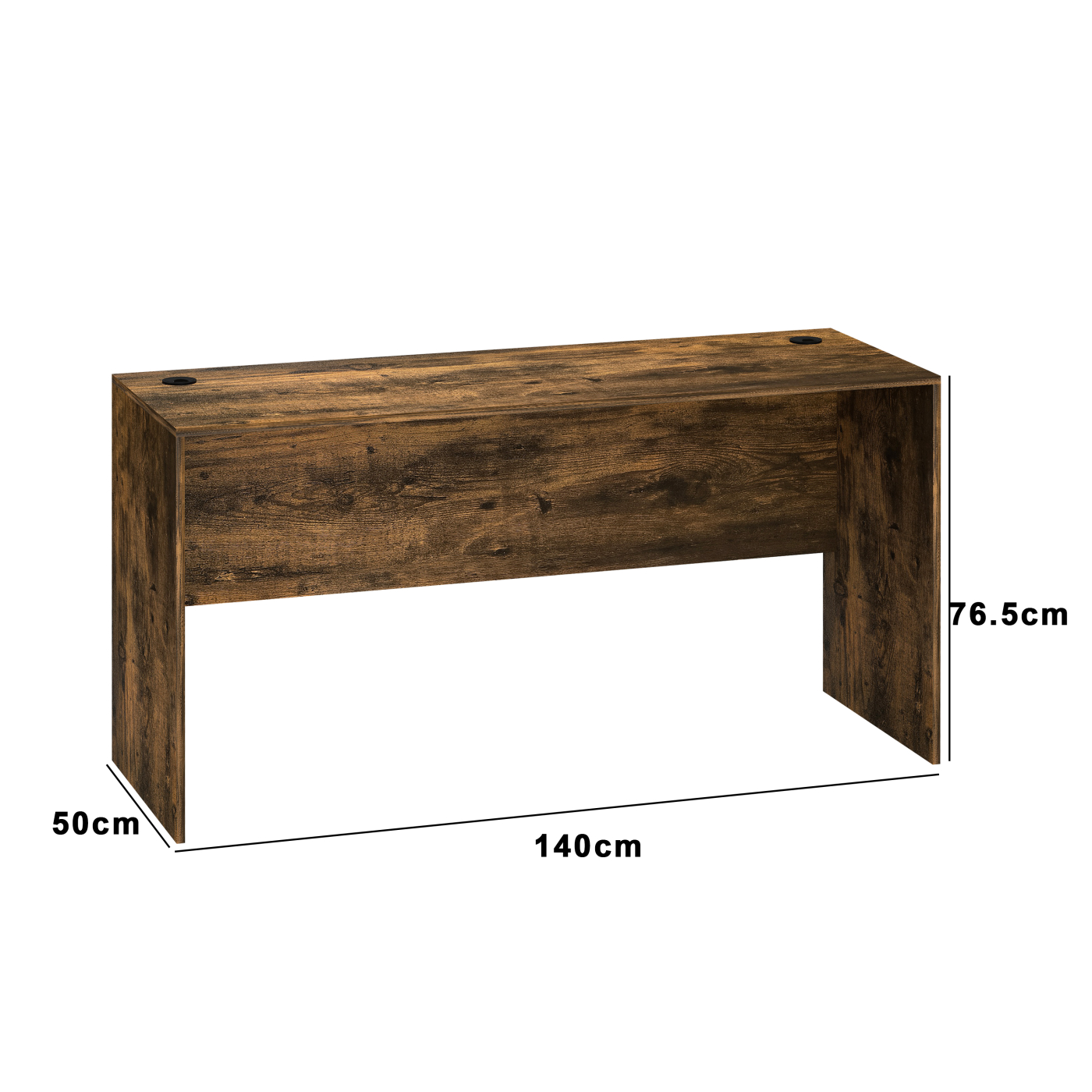 Holzschreibtisch mit den Maßen: 140 cm lang, 76,5 cm hoch, 50 cm breit. Zwei Löcher oben.