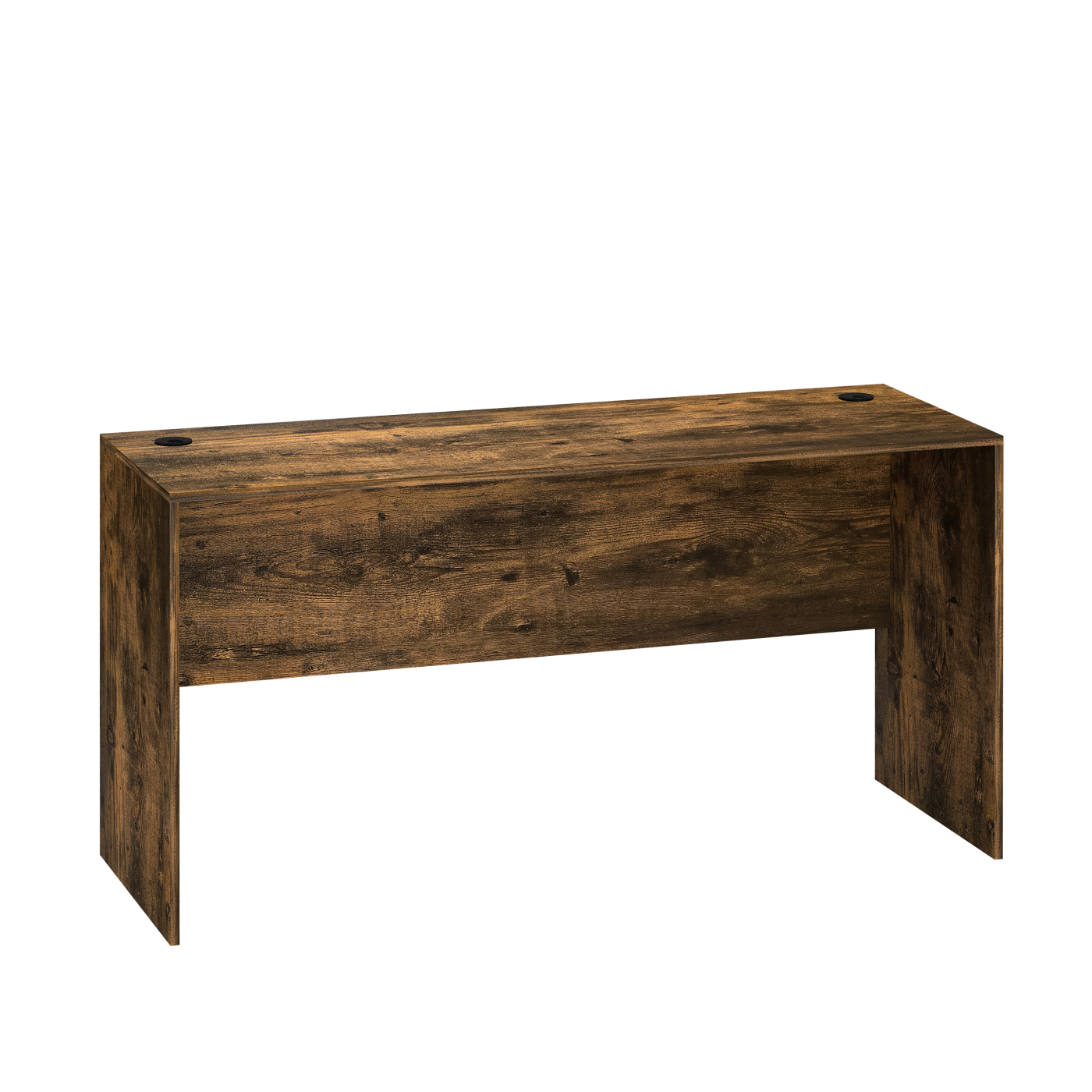 Holzschreibtisch mit schlichtem Design auf weißem Hintergrund. Zwei Löcher oben sichtbar.