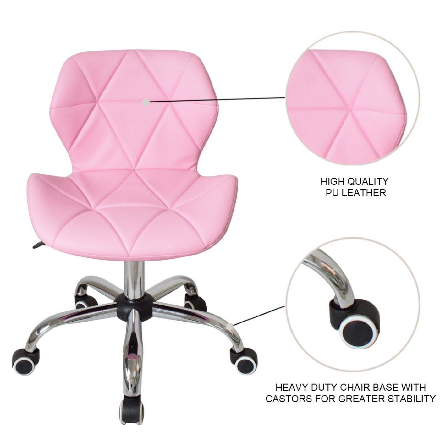 Pink office chair with a heavy-duty base and dimensions shown in a diagram.