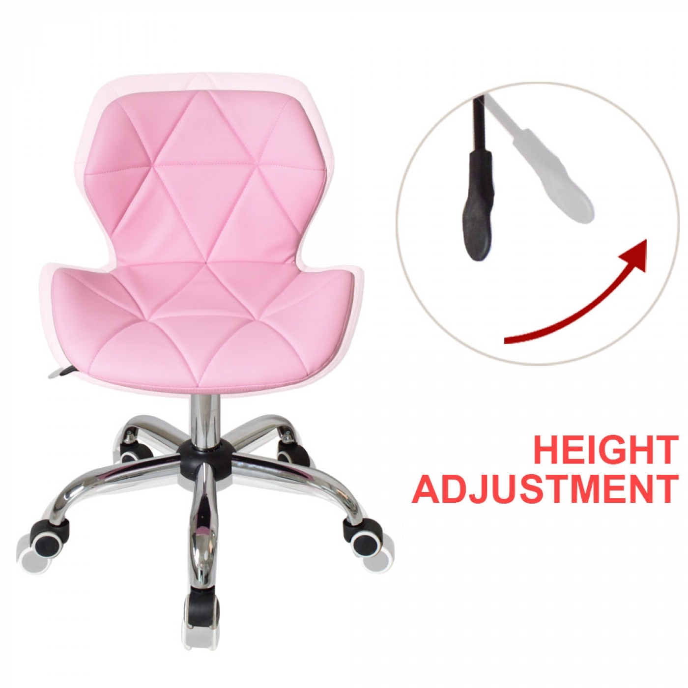 Pink office chair on wheels. Shows height adjustment details.