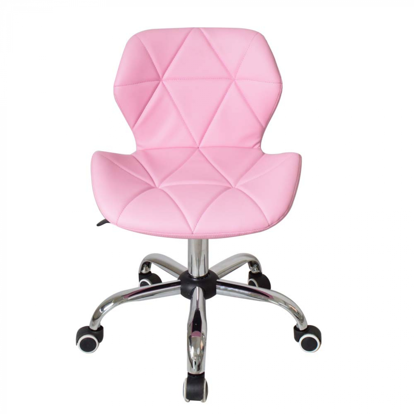 Pink office chair with a diamond-patterned back, chrome base, and black wheels, on a white background.
